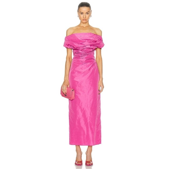 hot pink engagement dress Hot Pink Satin Prom Long Off Shoulder Dress – Lisposa main image 0